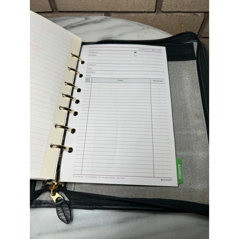 Black Genuine Leather Zip Around 7 Ring Binder Planner Organizer Portfolio VTG